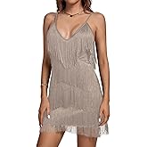 Umenlele Women's Layered Fringe Deep V Neck Cami Mini Dress Sleeveless Tassels Flapper Dresses