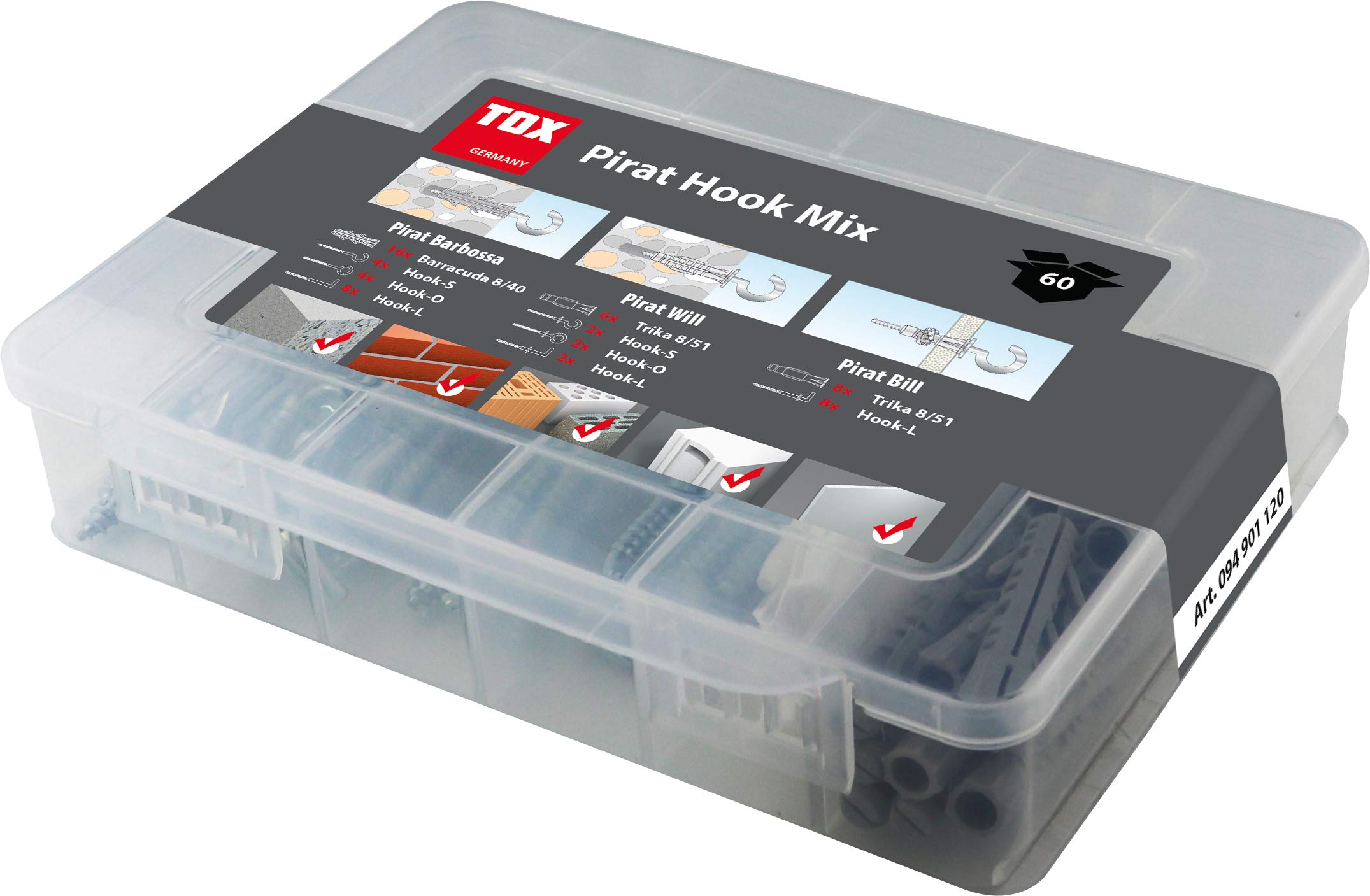 TOX screw-in hook assortment Pirat Mix 60 pcs, all common hook shapes + matching one set, expansion Barracuda and all purpose dowels Trika, 094901120