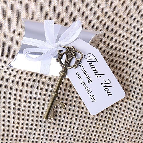 50pcs Wedding Favors Silver Candy Box w/ Skeleton Key Bottle Openers Ribbon Escort Card Thank You Tag Pillow Box (Style #16)