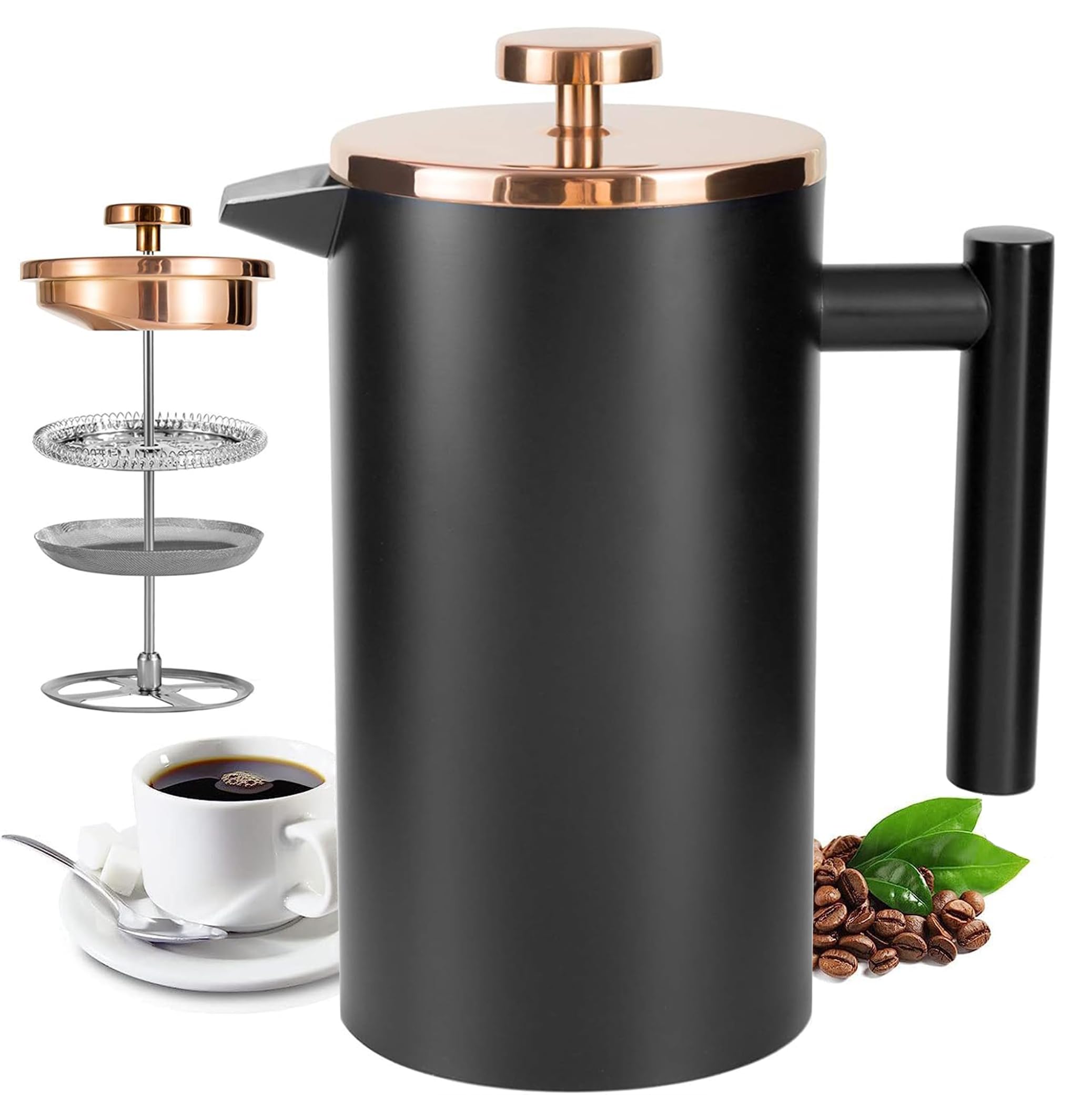 Wrobic Cafetiere French Press Small 350ml/12oz, Cafetiere Stainless Steel Double-Wall Metal Insulated Coffee Press, 3 Level Filtration System with 3 Extra Filter Screens, (1cup,Black)