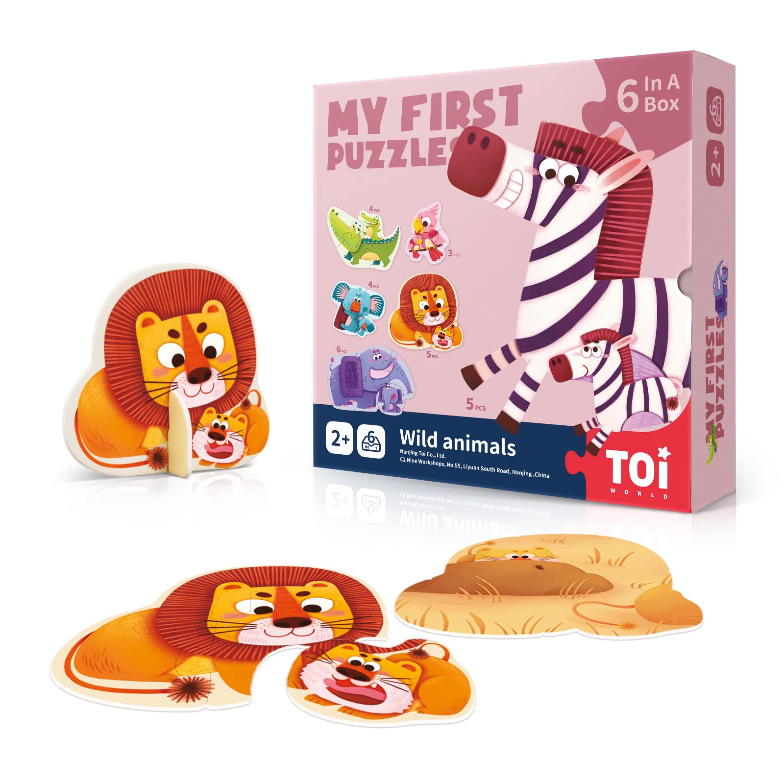 Toi 6 Packs Large Piece Toddler Jigsaw Puzzles for Kids Aged 2.5+, Animal Shaped Floor Puzzles for Beginner, Preschool Learning Game for Boys Girls, Wild Animals