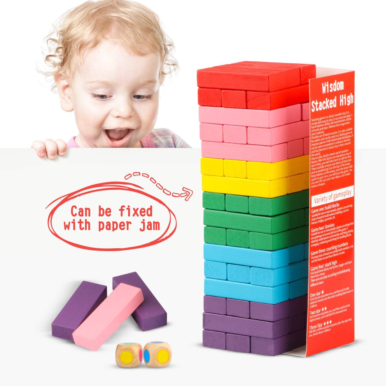 Wooden Blocks Stacking Games, 48PCS Tumbling Stacking Blocks Game for Kids and Families, Wood Colorful Balancing Blocks Montessori Toys for Kids with Storage Bag