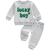 Lesimsam Toddler Baby Boy St Patricks Day Outfit Letter Embroidery Long Sleeve Waffle Knit Sweatshirt and Pants Set