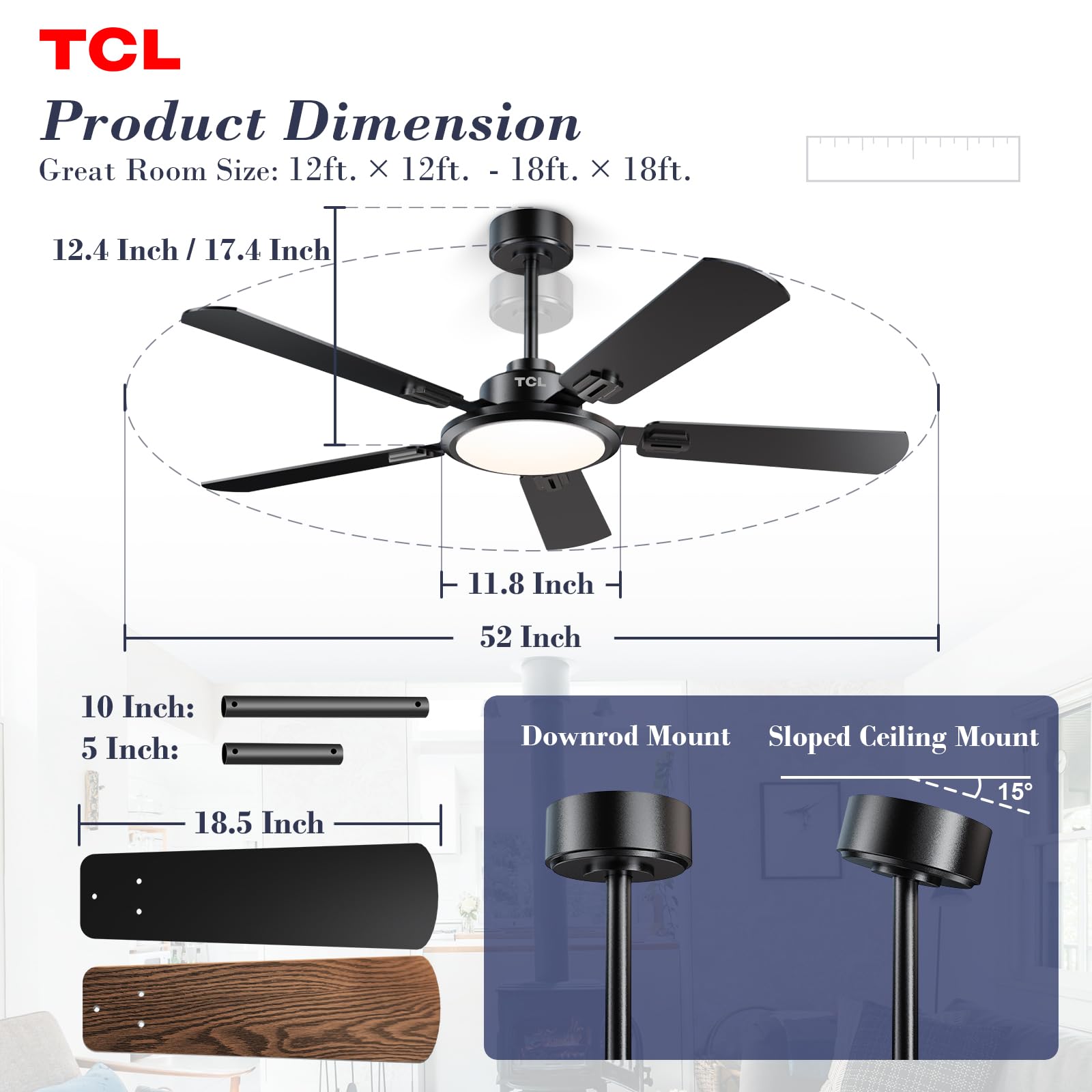 TCL Ceiling Fans with Lights, 52 Inch Ceiling Fan with Light and Remote Control, Reversible DC Motor, Noiseless, Dimmable 36W LED, Modern Ceiling Fan for Bedroom Living Room (Black)