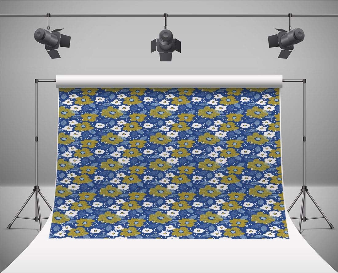 №10782 7X5Ft Photography Backdrops Backdrop | Mid Century Modern, Floral Gaps And Dashes Brush Leaves, Pale Earth Yellow Violet Blue And Pale Sky Blue | Birthday Background For Birthday Party Seamless