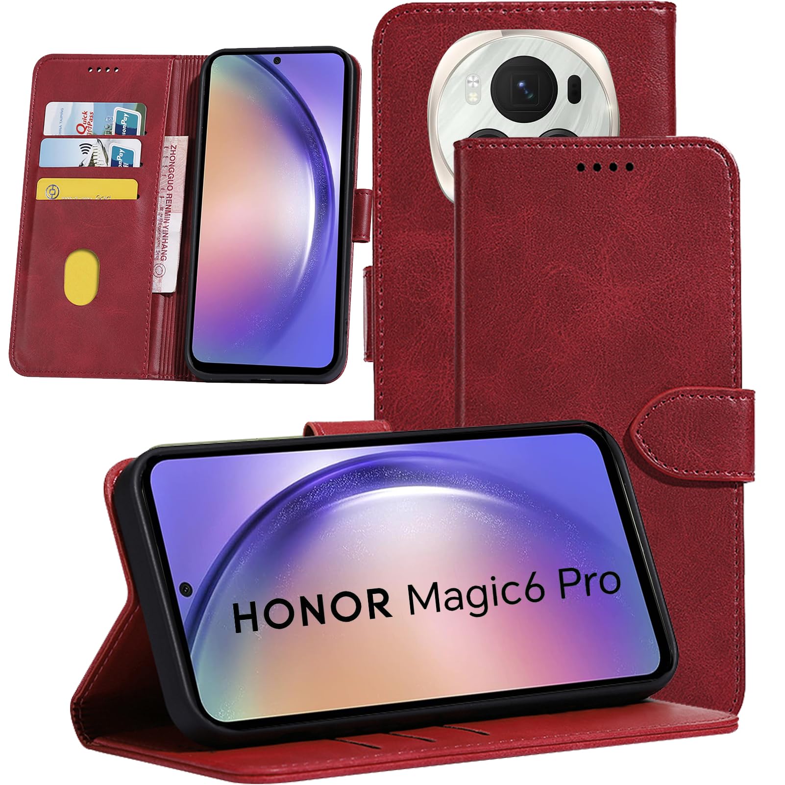 HuiYouMY 1 Case Compatible with HONOR Magic 6 Pro Leather Phone Case, Wallet Case Cover [Card Slots] [Kickstand] Magnetic Closure Full Protection Book Folio Design wallet flip phone case - Red