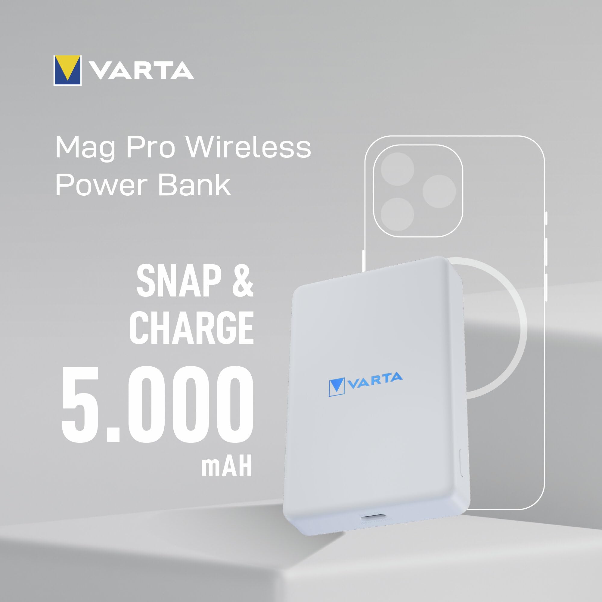 VARTA Power Bank 5.000mAh, magnetische kabellose Powerbank, Mag Pro, Wireless, 7,5W, Ladegerät mit USB Typ C, kompatibel mit MagSafe & Qi Standard (für Kompatibilität mit iPhones & Android), weiß 5