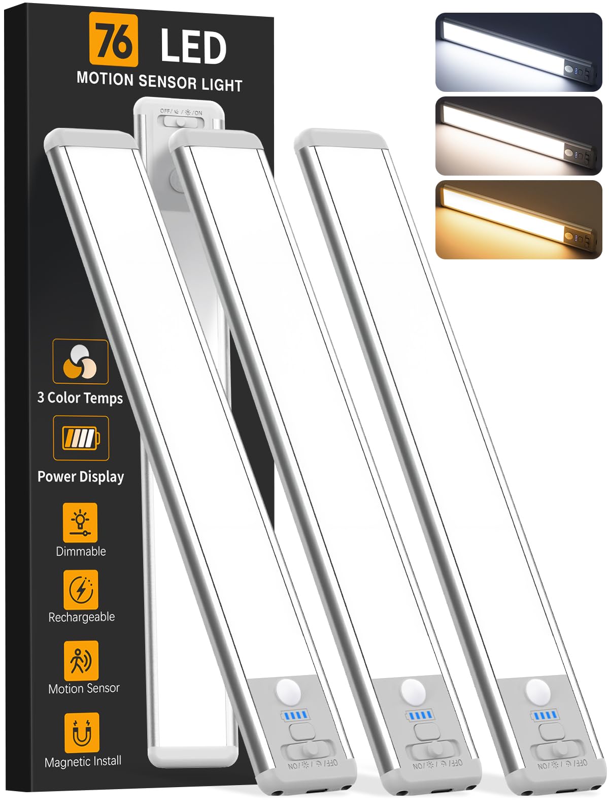 Photo 1 of *USED*
Under Cabinet Lighting Wireless, Rechargeable Motion Sensor Light Indoor, 3 Color Dimmable Closet Light Battery Operated with LED Power Display, Magnetic Under Counter Lights for Kitchen, Home (3Pack)