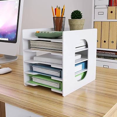 PUNCIA 5-Tier A4 Desk Paper Tray Organizer White Filing Holder