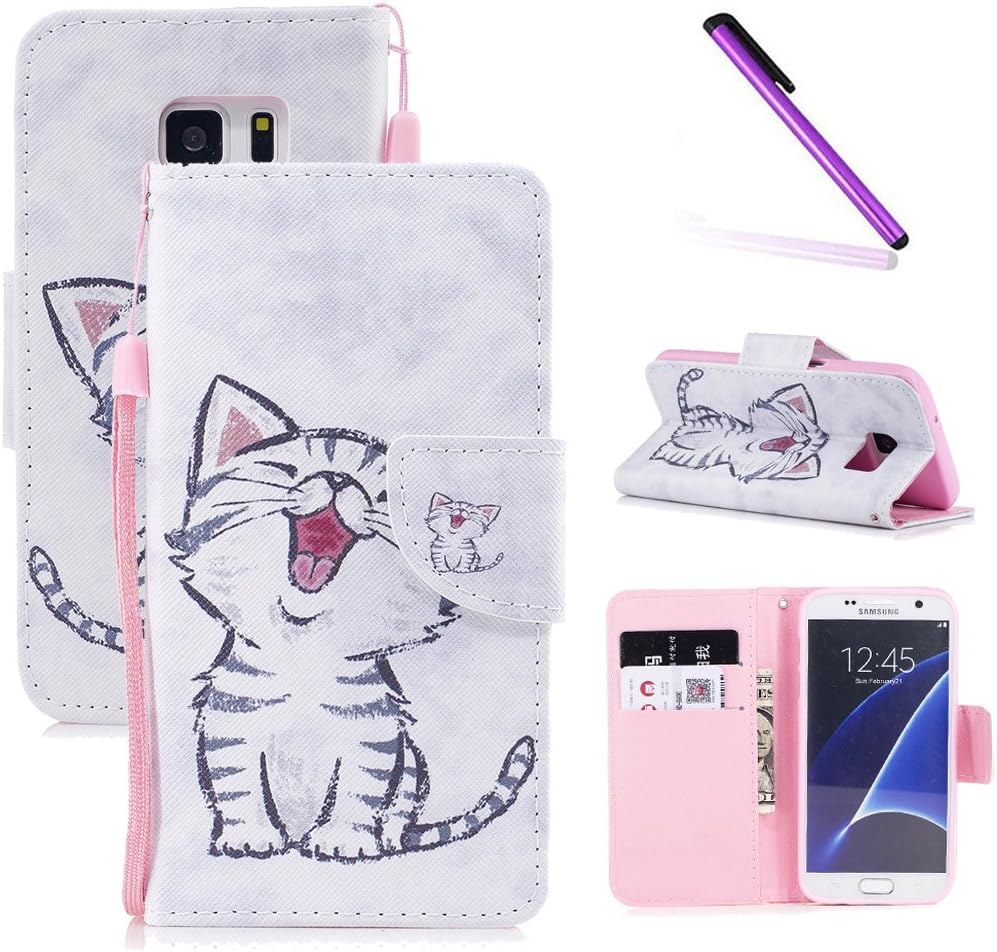 Galaxy S7 Case,S7 Case,LEECOCO Fancy Print Floral Wallet Case with Card/Cash Slots [Kickstand] PU Leather Folio Flip Protective Case Cover for Samsung Galaxy S7 Smile Cat