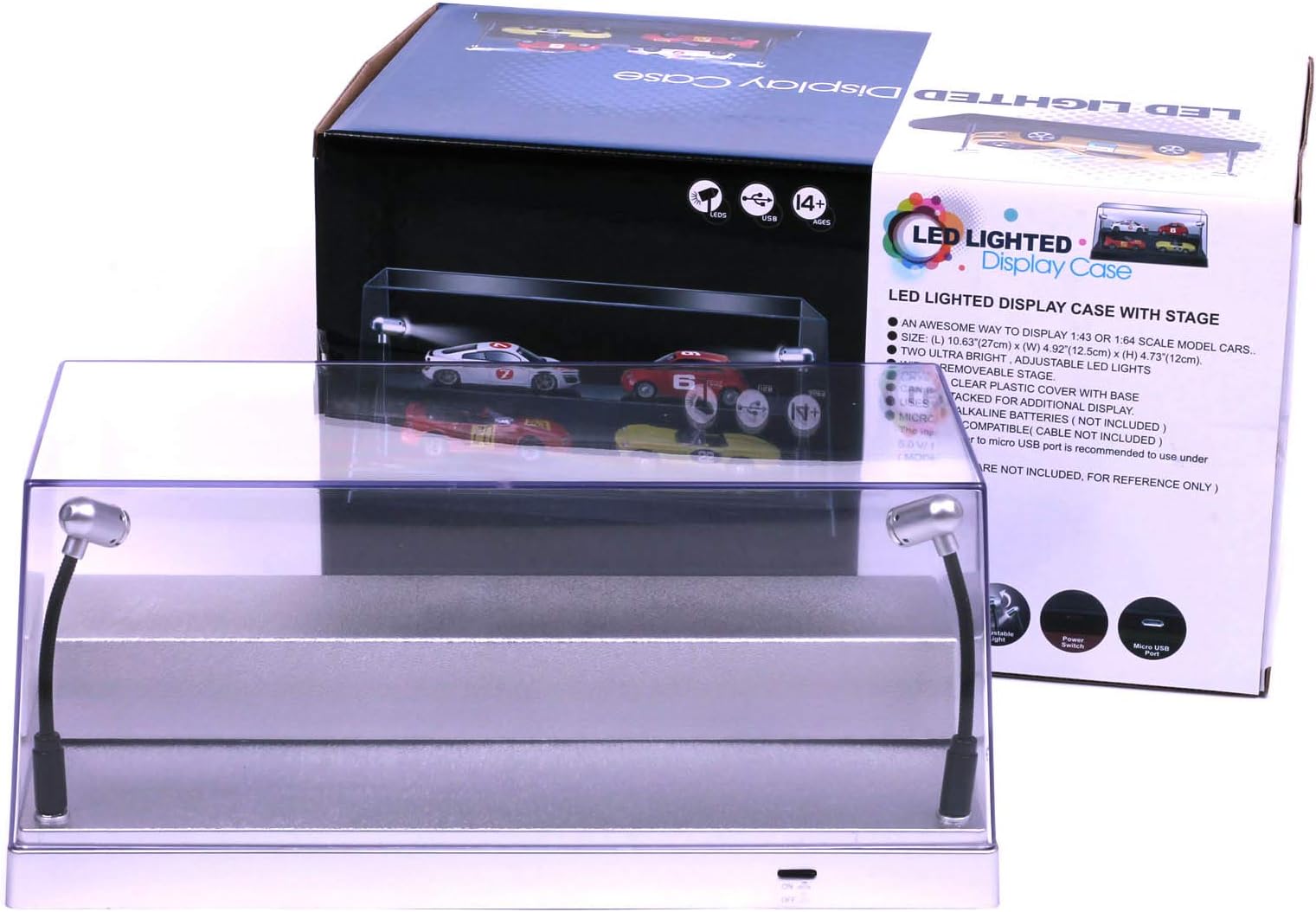 Acrylic Diecast Car Display Case with LED Lights, including USB dimming cable: silver base, scale 1/24