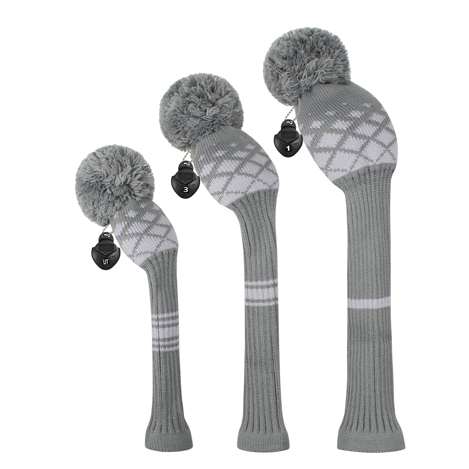 Scott Edward Knitted Golf Club Head Covers for Woods 3Pcs Set Golf Driver (460CC) Fairways and Hybrid/UT with Rotating Number Tags(Grey Reticulated)