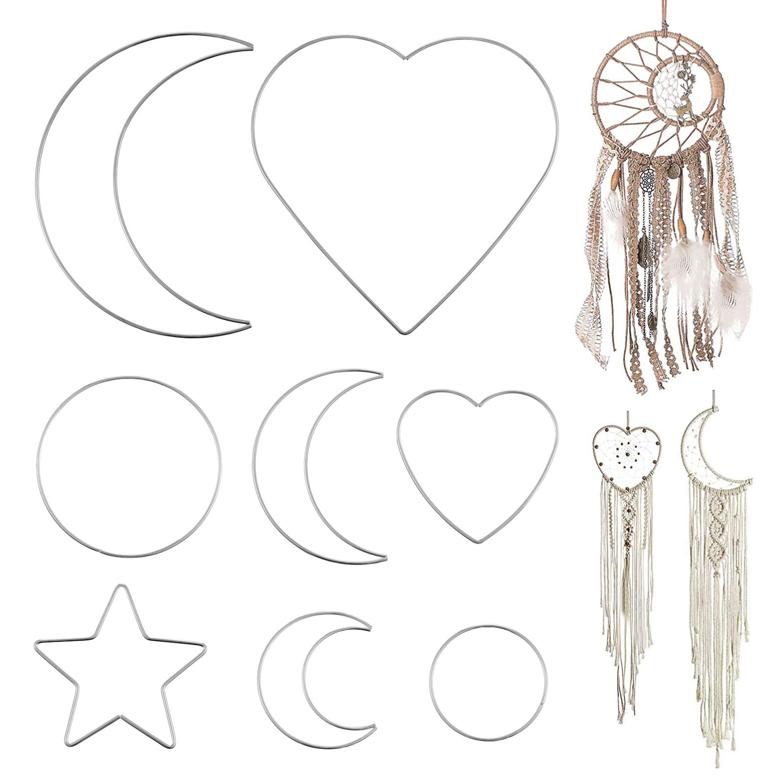 EXCEART 8Pcs Metal Dreamcatcher Hoops Set Including Heart Circle & Circle Moon Wire Rings for Diy Crafting Floral Wreath Frames and Macrame Projects
