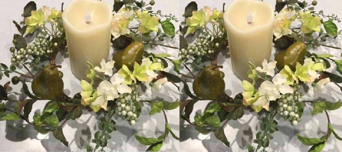 Sir Bartlett Floral Wreath Candle Ring Set Of 2 Handmade Artificial Green Pears Silk Hydrangea Seasonal Decor Spring Summer Fall Indoor Decorating