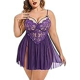 Avidlove Plus Size Lingerie Lace Babydoll Womens Strap Chemise Nightgown V Neck Nighty Mesh Sleepwear Side Slit Nightdress