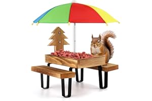 NQEUEPN Squirrel Feeder Table with Umbrella, Wooden Picnic Table Feeder with Corn Cob Holder, Funny Squirrel Feeders for Outs