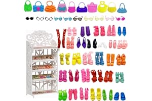 HIGHFUN 51PCS Doll Accessories + 1 Shoe Rack 30 Pairs Doll Shoes 10 Handbags 10 Glasses Replacement Fashion Playset Accessories Different Assorted Colors High Heel Boots for 11.5 Inch Girl Doll