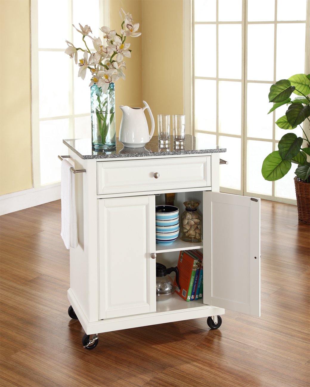 Crosley Furniture Cuisine Kitchen Island with Solid Grey Granite Top - White
