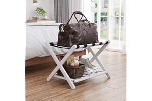 Semiocthome Fully Assembled Luggage Rack, Folding Suitcase Stand with Storage Shelf, White Luggage Stand for Guest Room Bedroom and Hotel, Suitcase Rack with 5 Nylon Straps, Fit Most Luggage Size