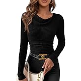 PRETTYGARDEN Women's Long Sleeve Cowl Neck Ribbed Knit Spring Shirts Slim Fit Ruched Going Out Crop Tops Basic T-Shirts