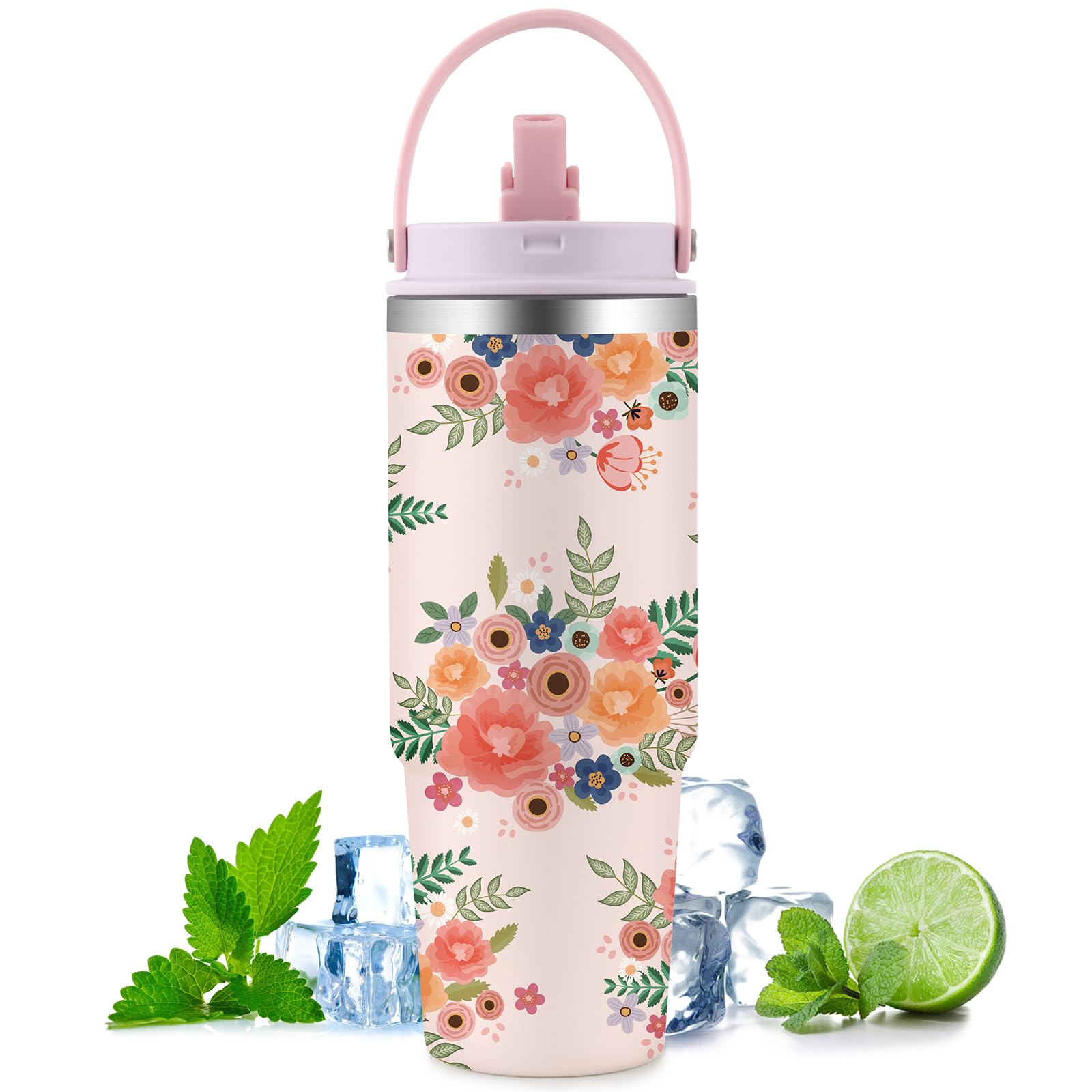 Photo 1 of Ochapa Flowers 30oz Tumbler with Handle Flip Straw Lid Stainless Steel Water Bottle, Leakproof Mug Coffee iced Cup, Birthday Mothers Gifts for Women Bestie Friends Bloom Lovers 2