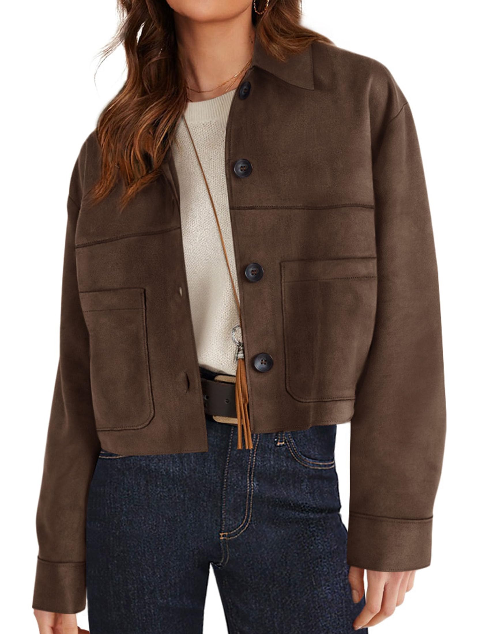 Photo 1 of PRETTYGARDEN Women's Faux Suede Cropped Jacket Casual Lightweight Fall Fashion 2025 Winter Coats Outerwear Trendy Clothes (Dark Brown,X-Large)
