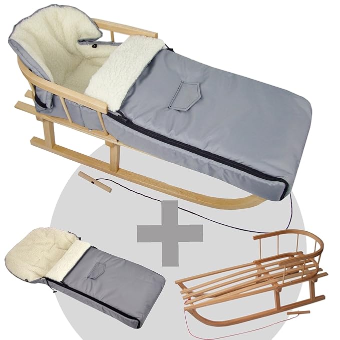 BambiniWelt24 BAMBINIWELT Kombi-Angebot Holz-Schlitten mit Rückenlehne & Zugseil + universaler Winterfußsack (90cm), geeignet
