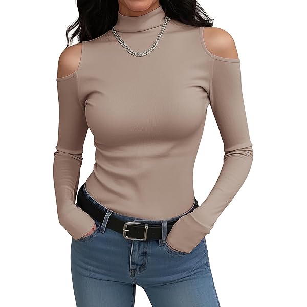 RoseSeek Women's Turtleneck Cut Out Cold Shoulder Tops Tee Long