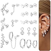 18 PCS Single Cartilage Studs Earrings Women Trendy 14k Gold Plated Flat Back Earings Stacks Dainty Small Pendant Dangle Huggie Hoops Earring Cubic Zirconia Flatback Stud Sets for Multiple Piercing