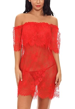 Feoya Dessous Erotik Damen Set Sexy Dessous Aus Schulter Babydoll Spitze Kittel Chemises Mesh Transparentes Kleid Zwei Tragen
