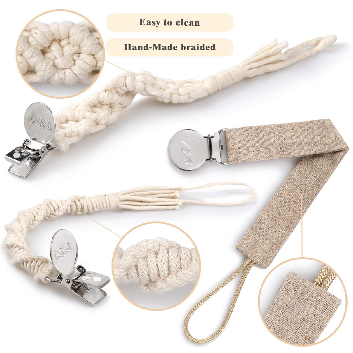 Modern Pacifier Clip for Boy and Girl 5 Pack Metal Teething Clips Braided Cotton Rope Common for Pacifier Teether Toys Baby Shower Set : Baby