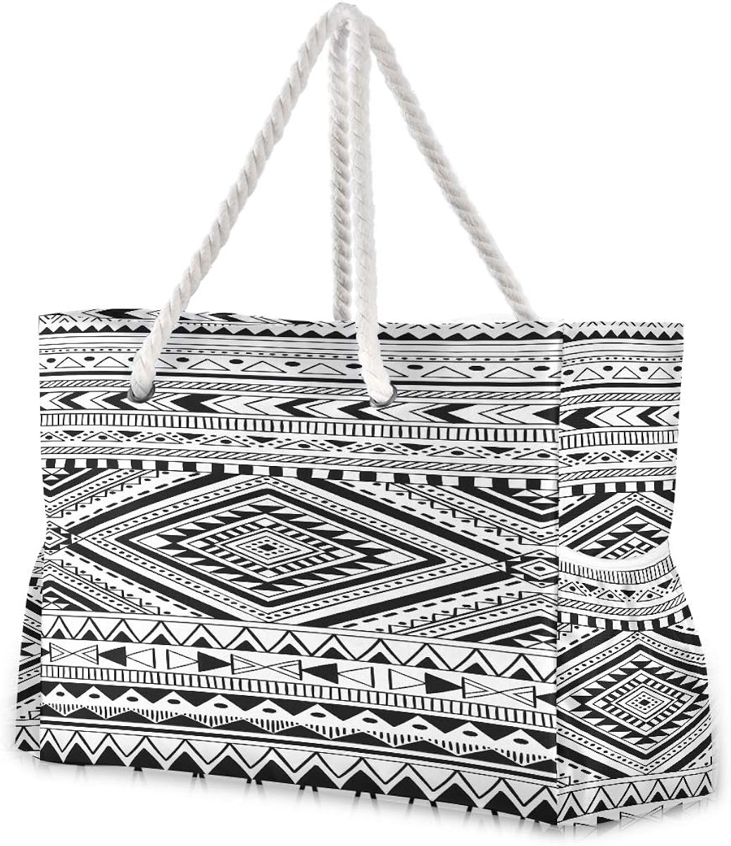Cute Beach Bag For Women Black And White Tribal Seamless