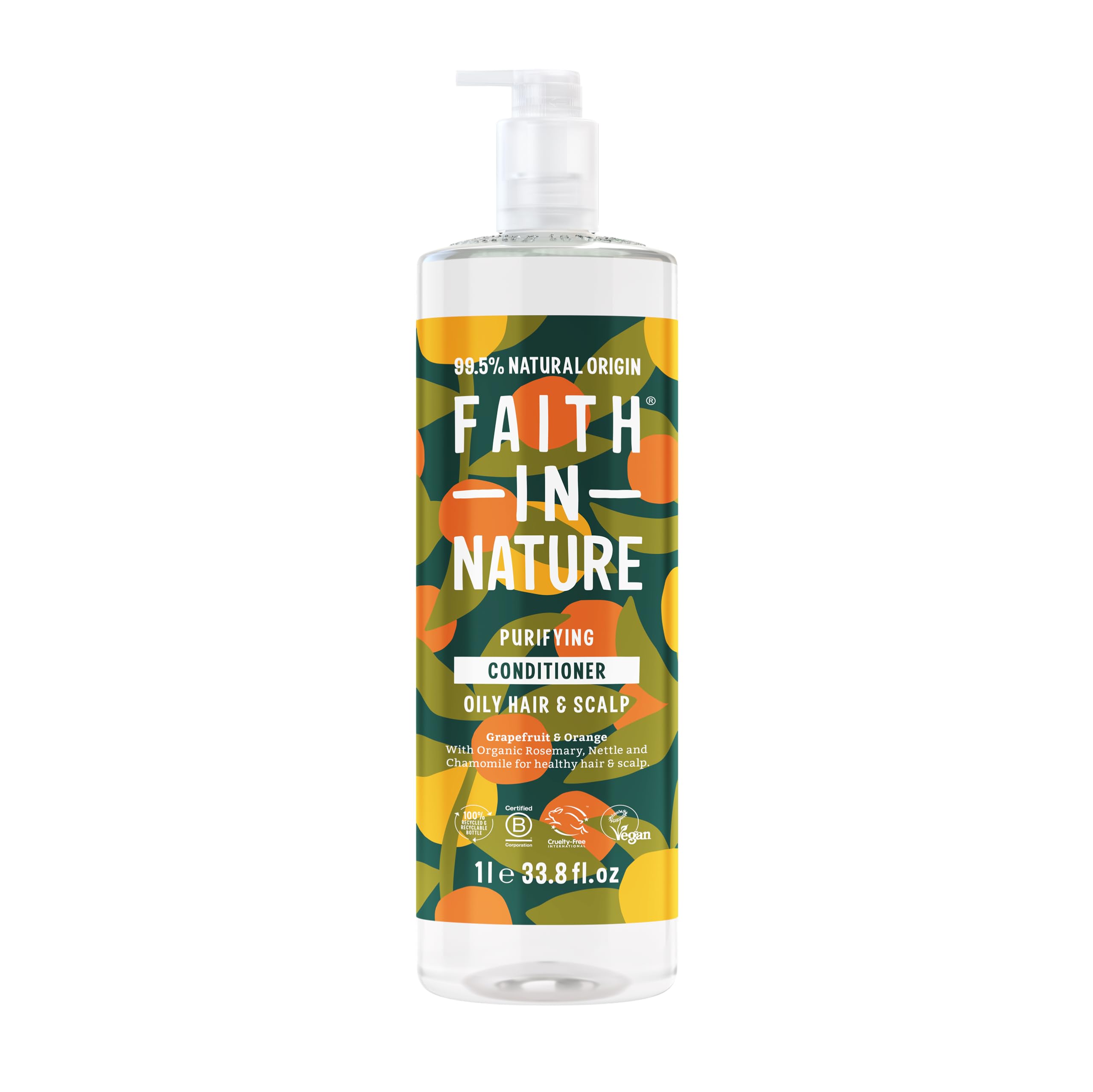 Faith In Nature 1L Natural Grapefruit & Orange Conditioner, Purifying for Oily Hair & Scalp, Vegan & Cruelty Free, No SLS, Silicones or Parabens, Family Sized