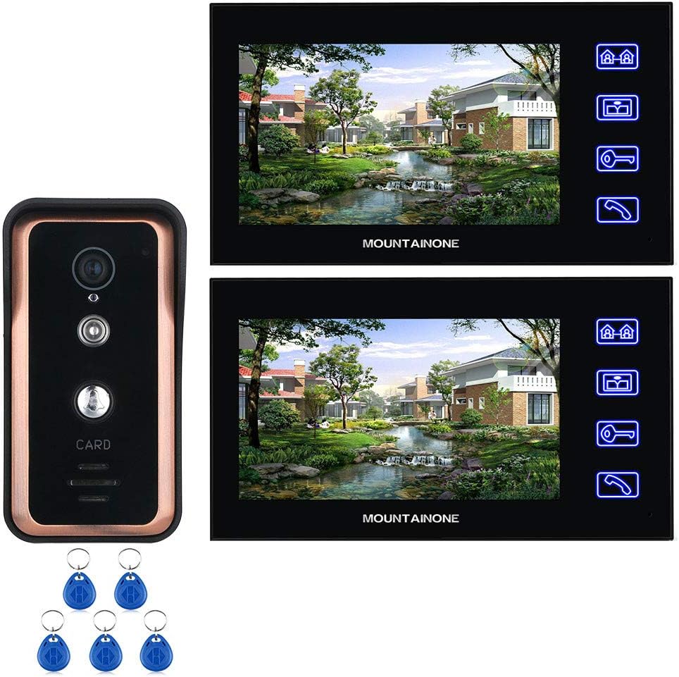 7inch Video Doorbell 2 Monitors Intercom RFID Card Access Support 1000 ID Card Unlock Outdoor Camera with IR Night Vision