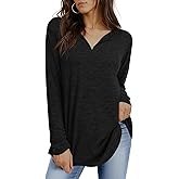 Tankaneo Womens Long Sleeve Tunic Tops V Neck Dressy Casual T-Shirts Loose Fit Curved Hem Blouse Tees