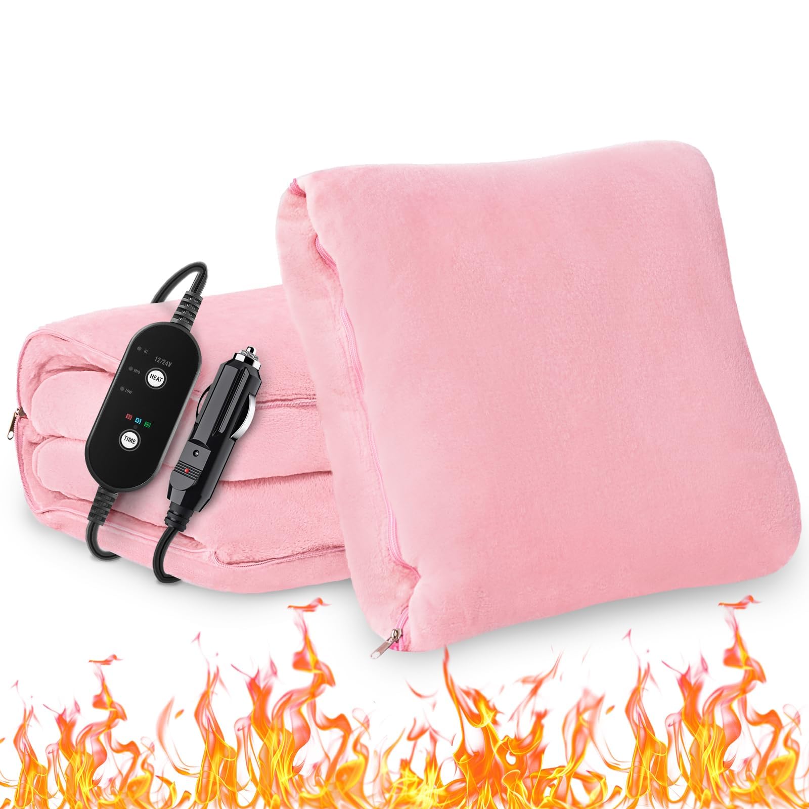Photo 1 of Sino Salected Car Heated Blanket, 12/24V Portable Heated Blanket for Car, Machine Washable Flannel Travel Blanket, 3 Heating Levels, 60x44 Inches, 4-in-1 Design, Convenient Storage for Camping,Pink