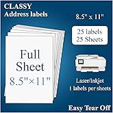 Sticker Paper, Full Sheet Shipping Labels 8.5 x 11, Self Adhesive Full Sheet Mailing Label for Laser and Inkjet Printers- 25 Sheets, 25 Labels