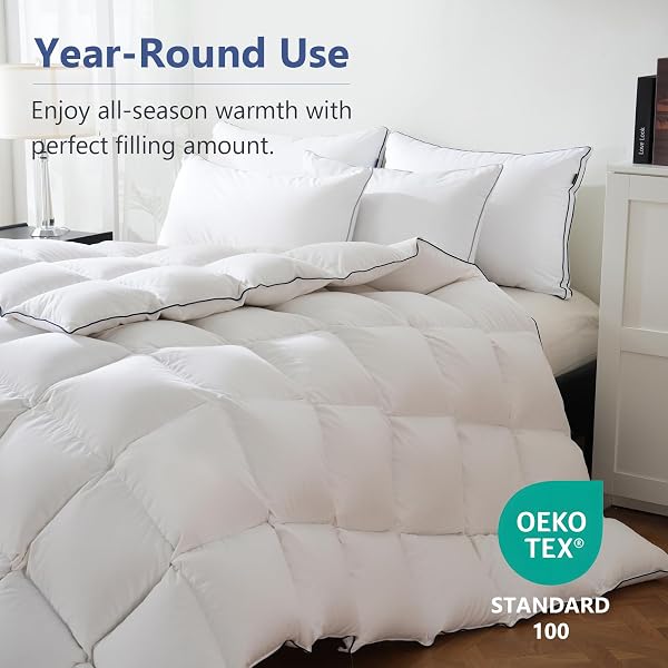 DOWNCOOL OVERSIZED QUEEN FEATHER DOWN FIBER COMFORTER, 100% COTTON COVER ULTRA SOFT FLUFFY DUVET INSERT, ALL SEASON HOTEL STYLE BEDDING COMFORTERS WITH CORNER TABS, WHITE 98″X98″