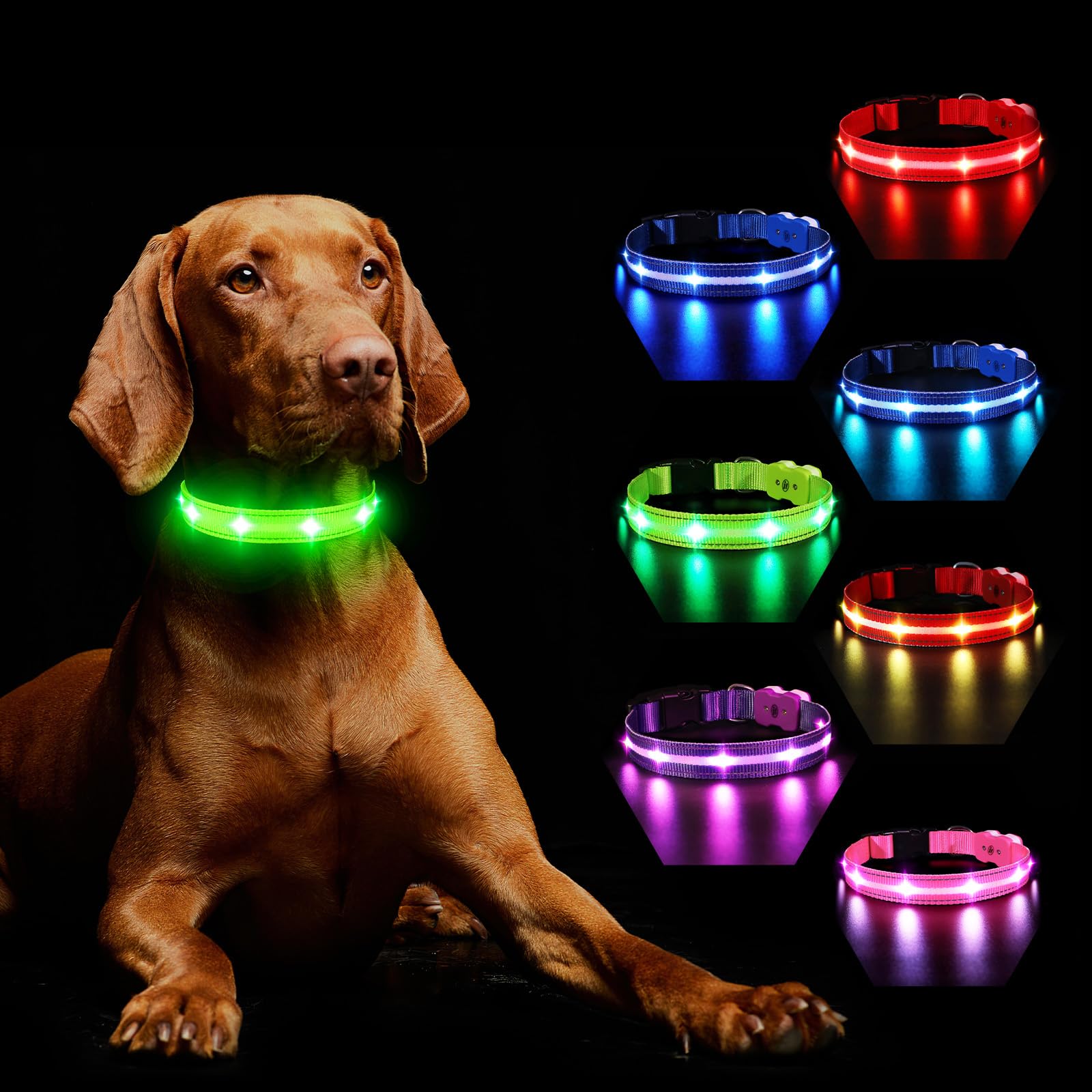 Light Up Dog Collar for Night, LED Dog Collar Lights Rechargeable with 7 Colors Change 8 Lighting Modes Glow in the Dark, Adjustable Waterproof Flashing Dog Collar for Small Medium Large Dog, Green S