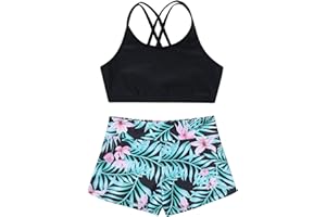 Hansber Kids Girls Digital Printed 2 Pcs Gymnastics/Dance/Swimsuit Criss Cross Back Crop Top with Booty Shorts