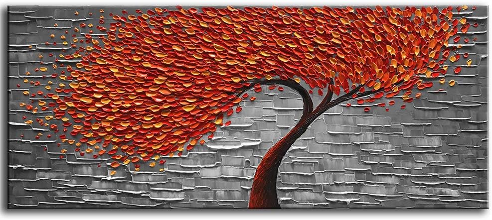Paintings - YaSheng Art -100% Hand-Painted Contemporary Art Oil Painting On Canvas Texture Palette Knife Red Tree Paintings Modern Home Interior Decor Abstract Art 3D Paintings Large Canvas Art 24x60inch