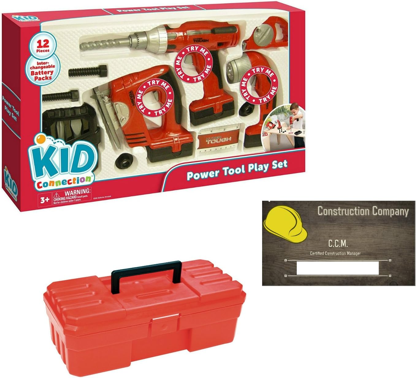 Kids Toy Tool Set by Kid Connection with 12 Inch Boys Toy Tool Box by Akro-Mils - Construction Manager Cards by Tiggy Toys. Awesome Power Tools Gift for Boys.