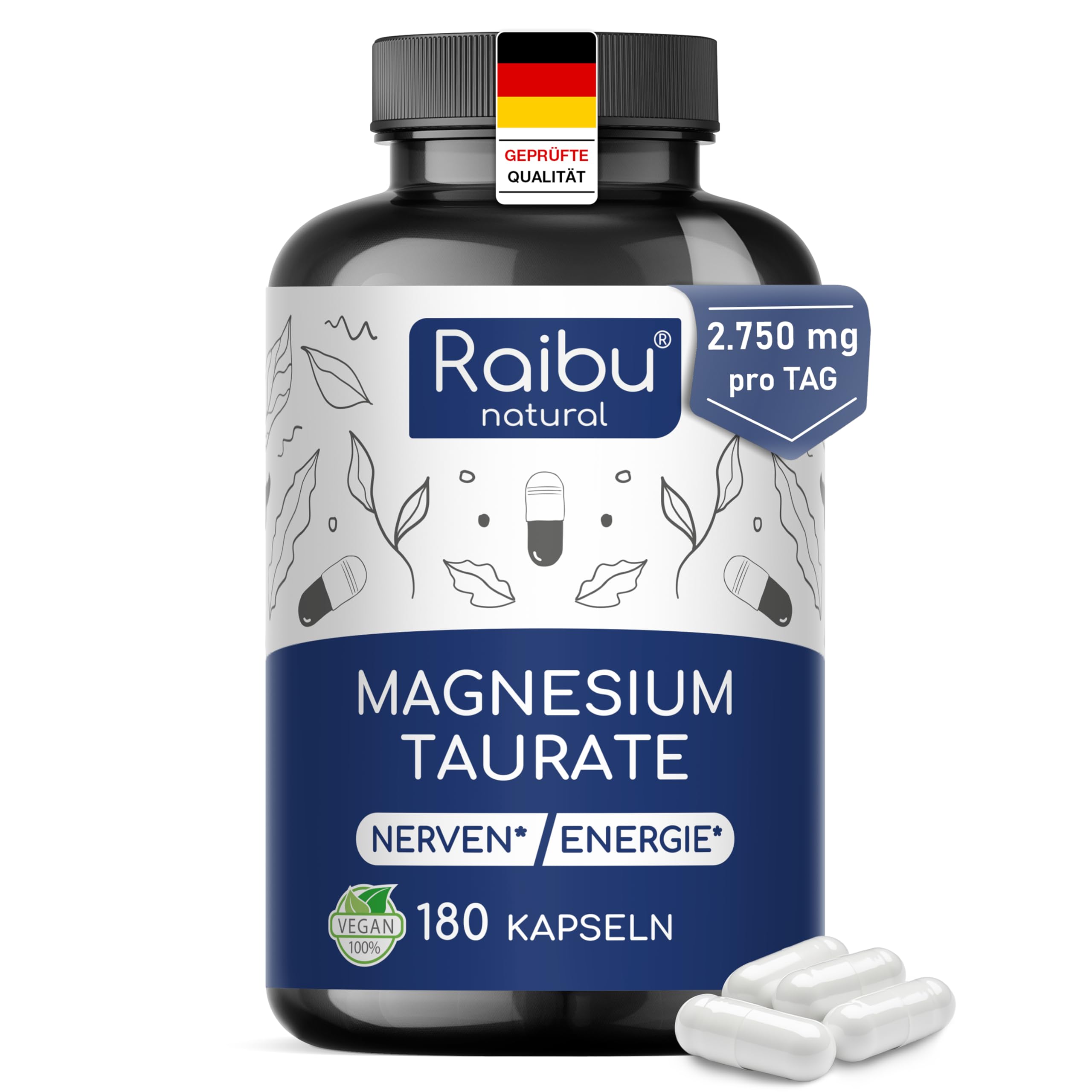 Magnesium Taurat 2750 mg pro Tag, 180 Kapseln - davon 240 mg elementares Magnesium pro Tag, Chelatierte Verbindung mit Taurin - Für Muskeln & Nerven* - Hohe Bioverfügbarkeit, Frei von Magnesiumstearat