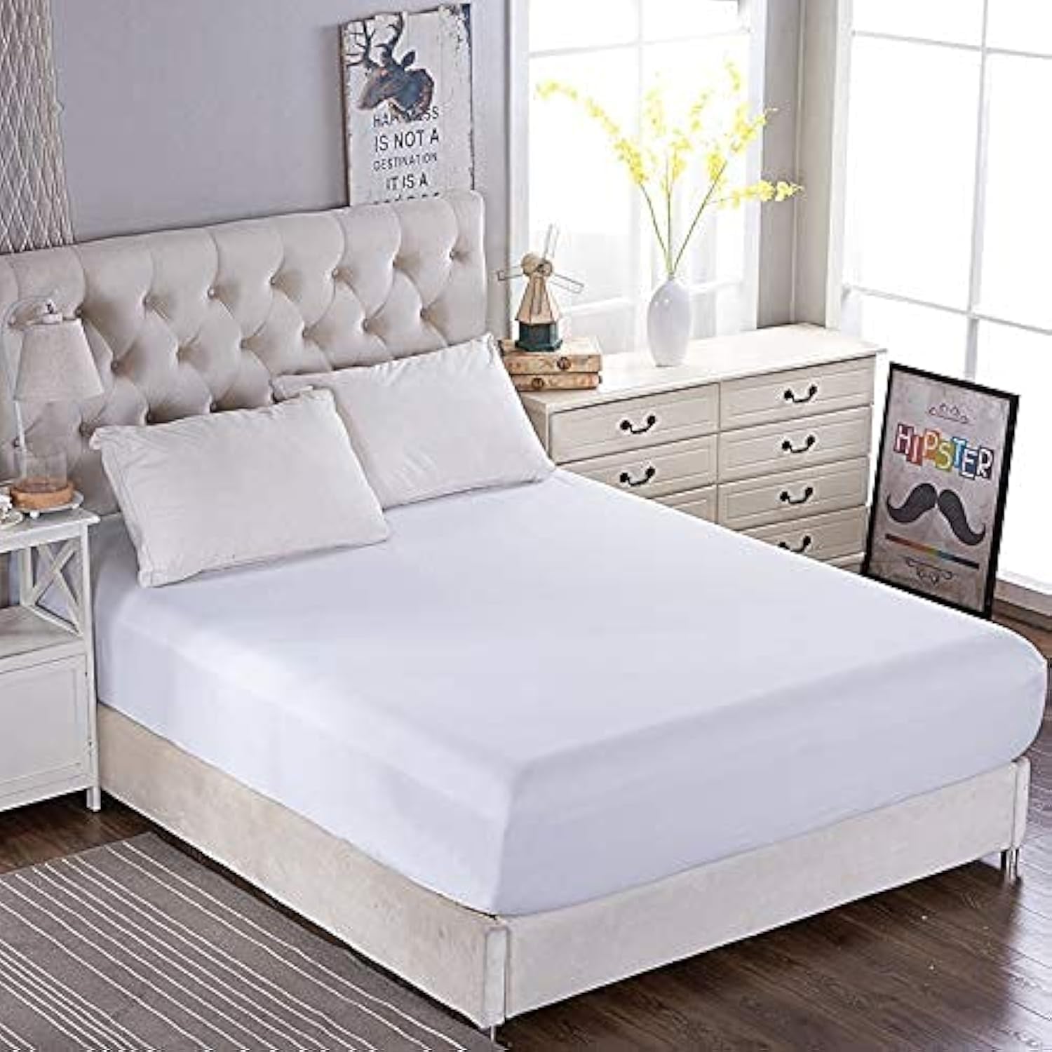 Fitted Bed Sheet 30cm deep【White】Mattress Cover 600TC Ultra Soft Touch Silk Like Satin Breathable Luxury Premium Quality Fabric Wrinkle & Stain Resistant Bedding Linen (Single)