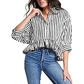 Womens Cropped Striped Shirts Button Down Half Sleeve Ruffle Bottom V Neck Casual Summer Blouse Tops