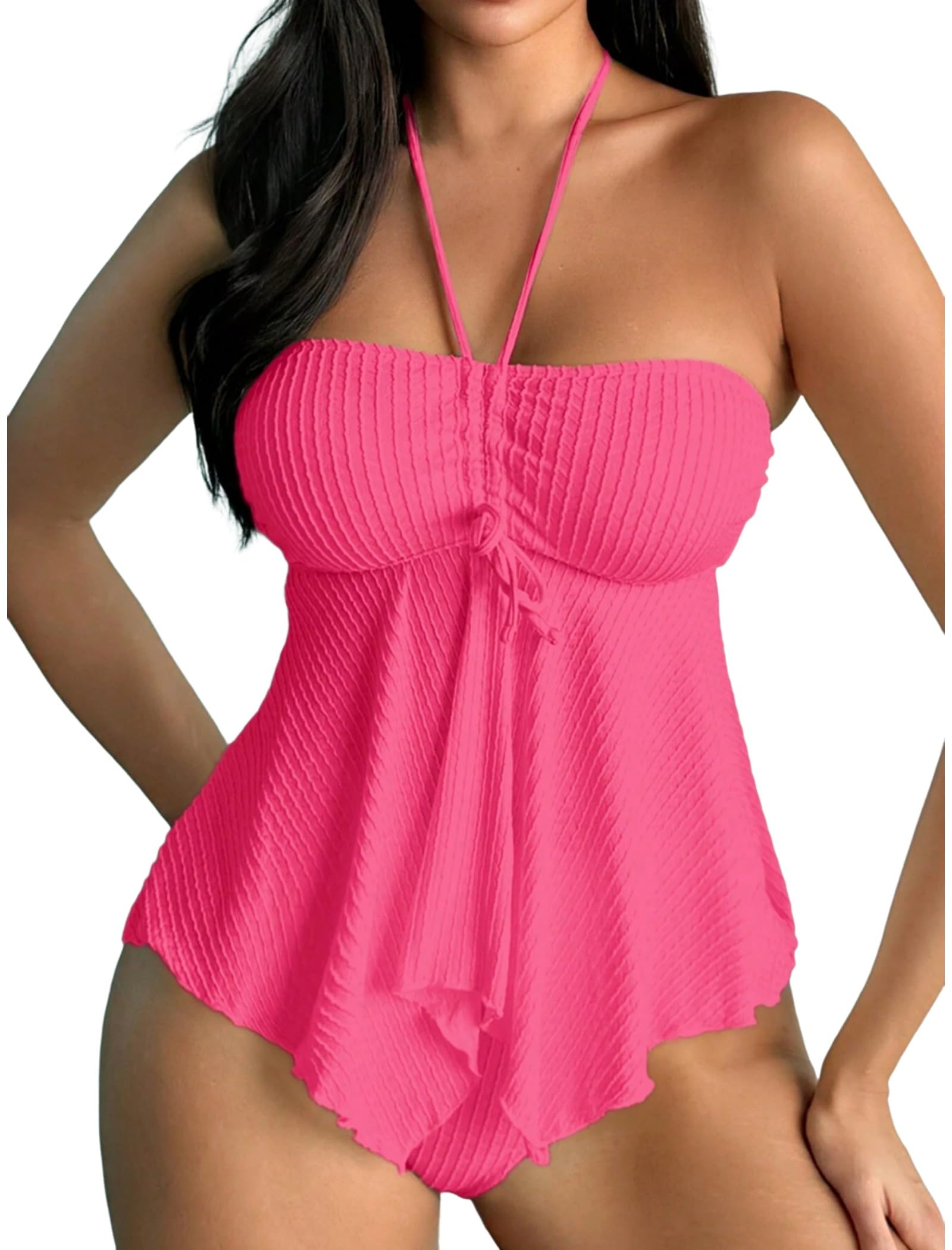 Photo 1 of ZAFUL Womens 2025 Two Piece Bathing Suits Halter Bandeau Self-Tied Tankini Set Swim Top with Bottom Tummy Control Swimsuit