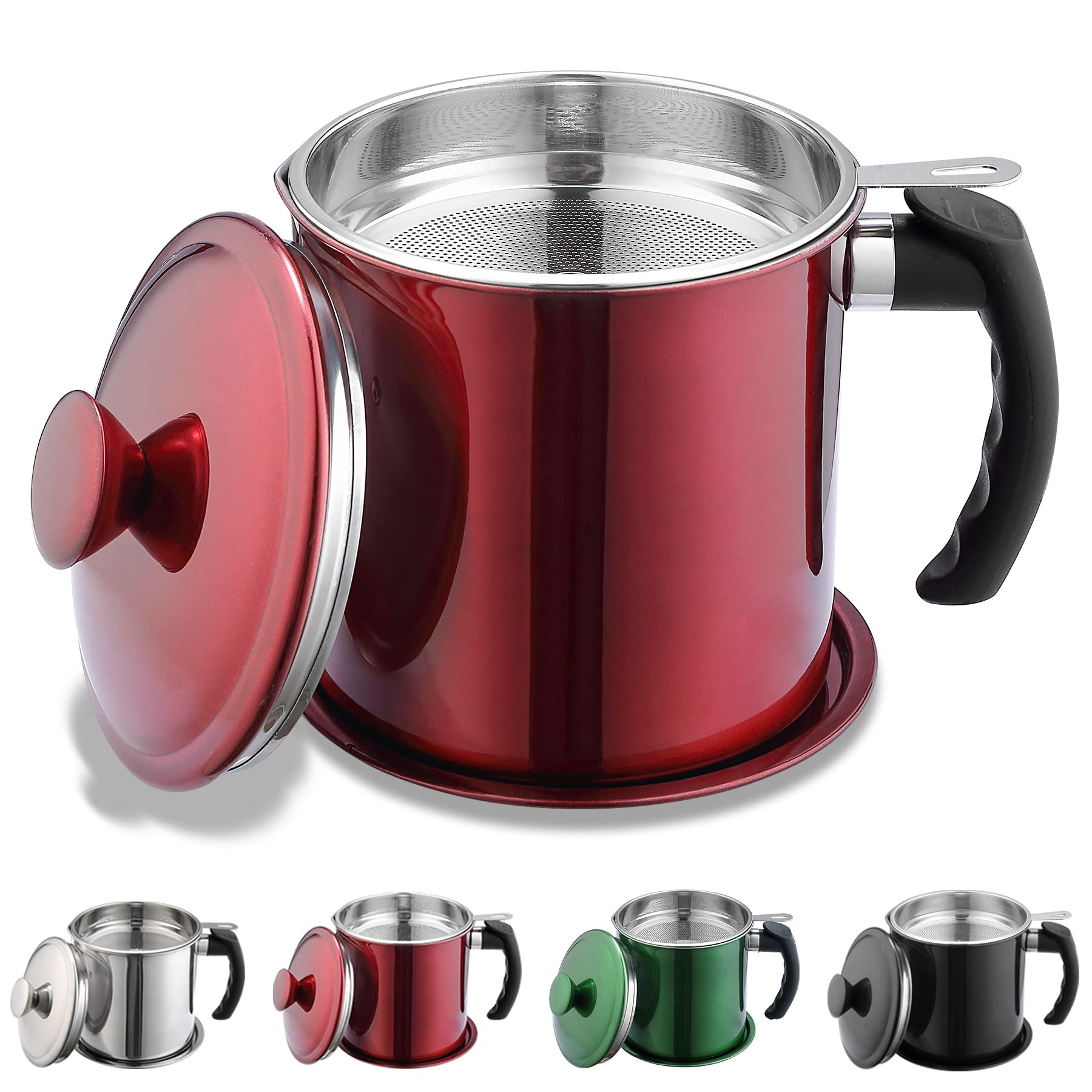 Kyraton Bacon Grease Container with Strainer, 1.4L Metal Shining Red Stainless Steel Oil Container, Pot Fat Storage with Lid, Easy Grip Handle Suitable for Storing Frying Oil and Cooking Grease