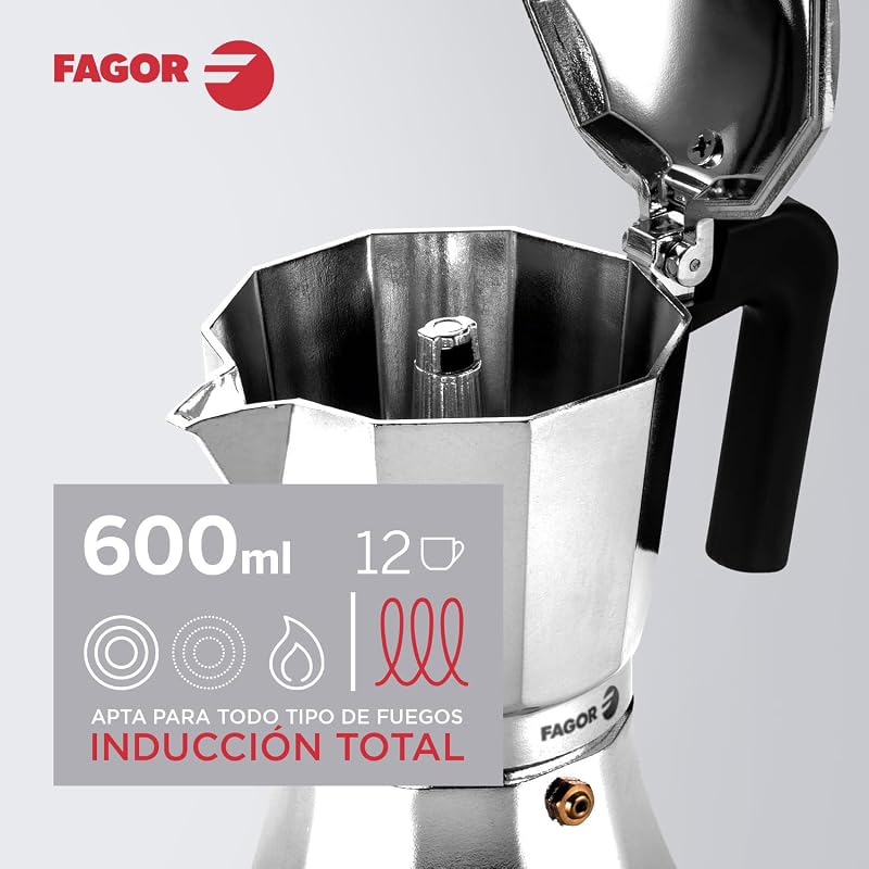 Fagor Cupy Cafetera Italiana, Inducción, Aluminio, Express, 12 Tazas Café, Apta para todas las Cocinas, Vitrocerámica, Gas, Eléctrica, Junta de Silicona Gran Durabilidad — foto 2 de 7