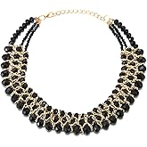 Statement Necklace Black Faceted Crystal Beads String 18K Gold-Plated Braided Chain Pendant
