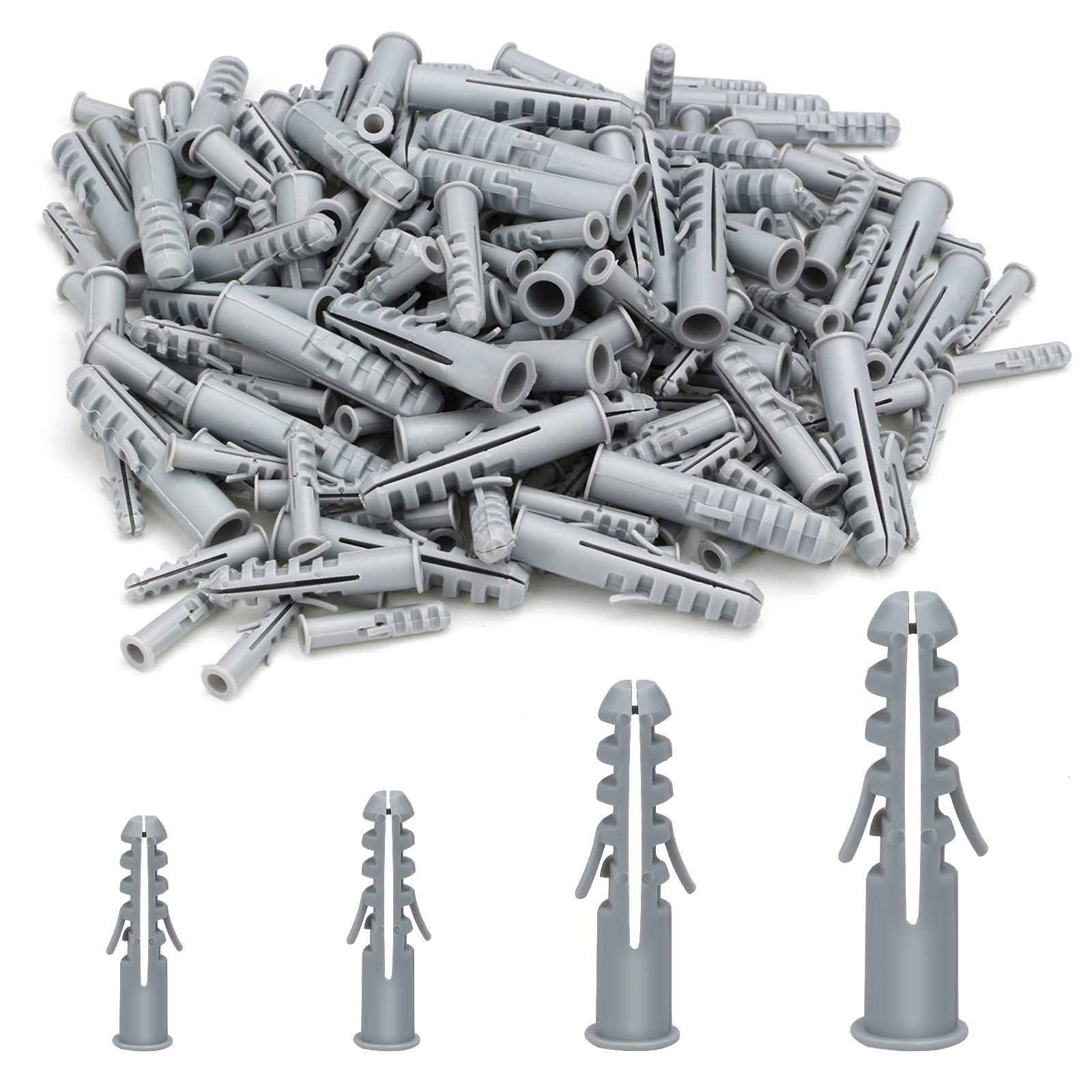 300Pcs Assorted Wall Plugs Set Gray Plastic Column Expansion Pipe Size 5mm 6mm 8mm 10mm